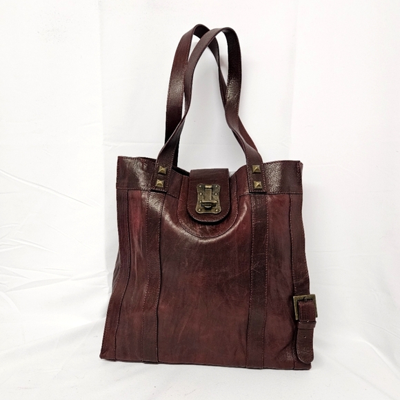 Falor Slide Lock Tote Bag In Burgundy Italian Leather - Picture 1 of 11